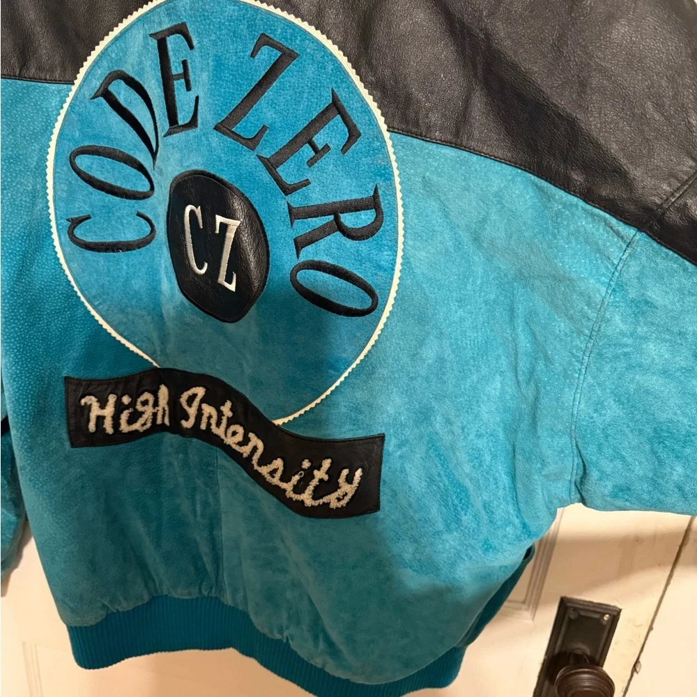 CODE ZERO 'High Intensity' Blue & Black Leather Bomber Jacket